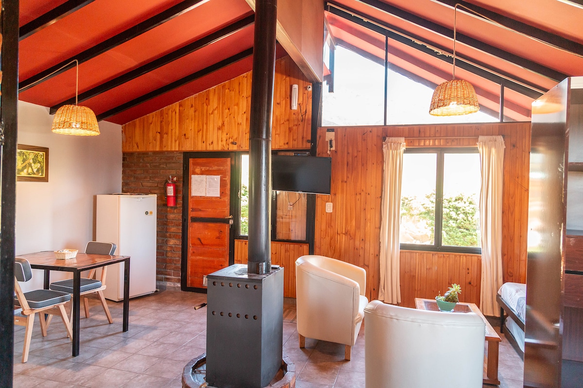 An inviting living space features a dining area with a table and four chairs. A white sofa and a coffee table provide comfort, complemented by large windows allowing natural light. A decorative light fixture hangs from the ceiling and a wood stove adds warmth to the atmosphere.