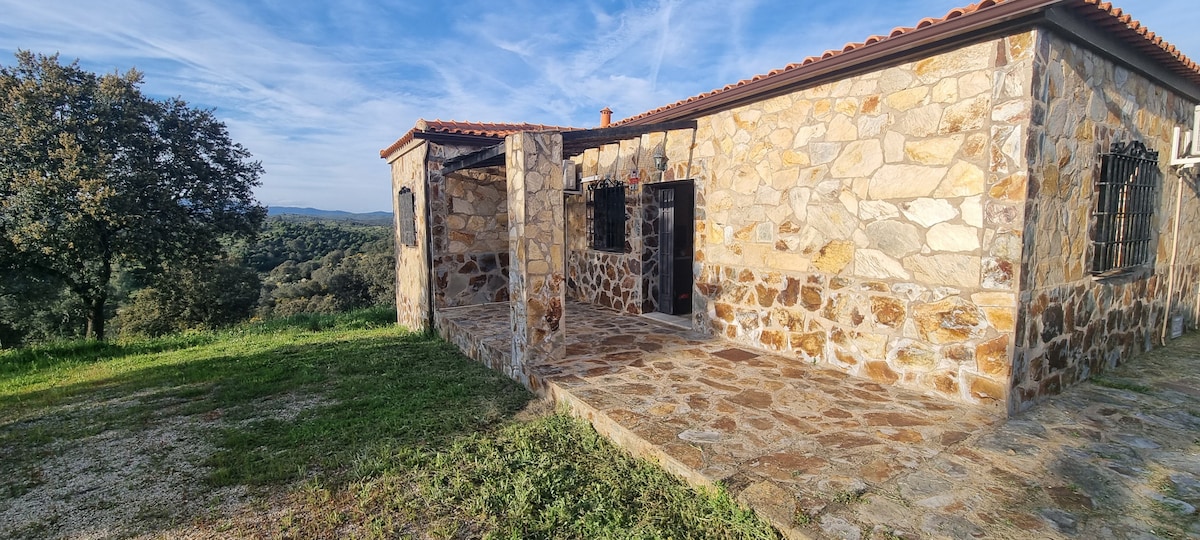 A rustic stone exterior is showcased with a spacious patio area. The surrounding landscape features rolling hills and greenery, enhancing the tranquil rural setting. Large windows and a covered entrance provide natural light and an inviting connection to the outdoors.