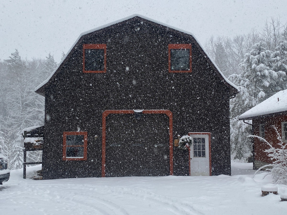 A rustic barn structure is depicted, featuring large windows and a prominent entrance surrounded by a snowy landscape. Flakes of snow are swirling down, creating a serene winter scene. Trees and other buildings are faintly visible in the background, cloaked in white snow.