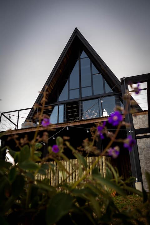 Cabin with Stone Hot Tub and Mountain View