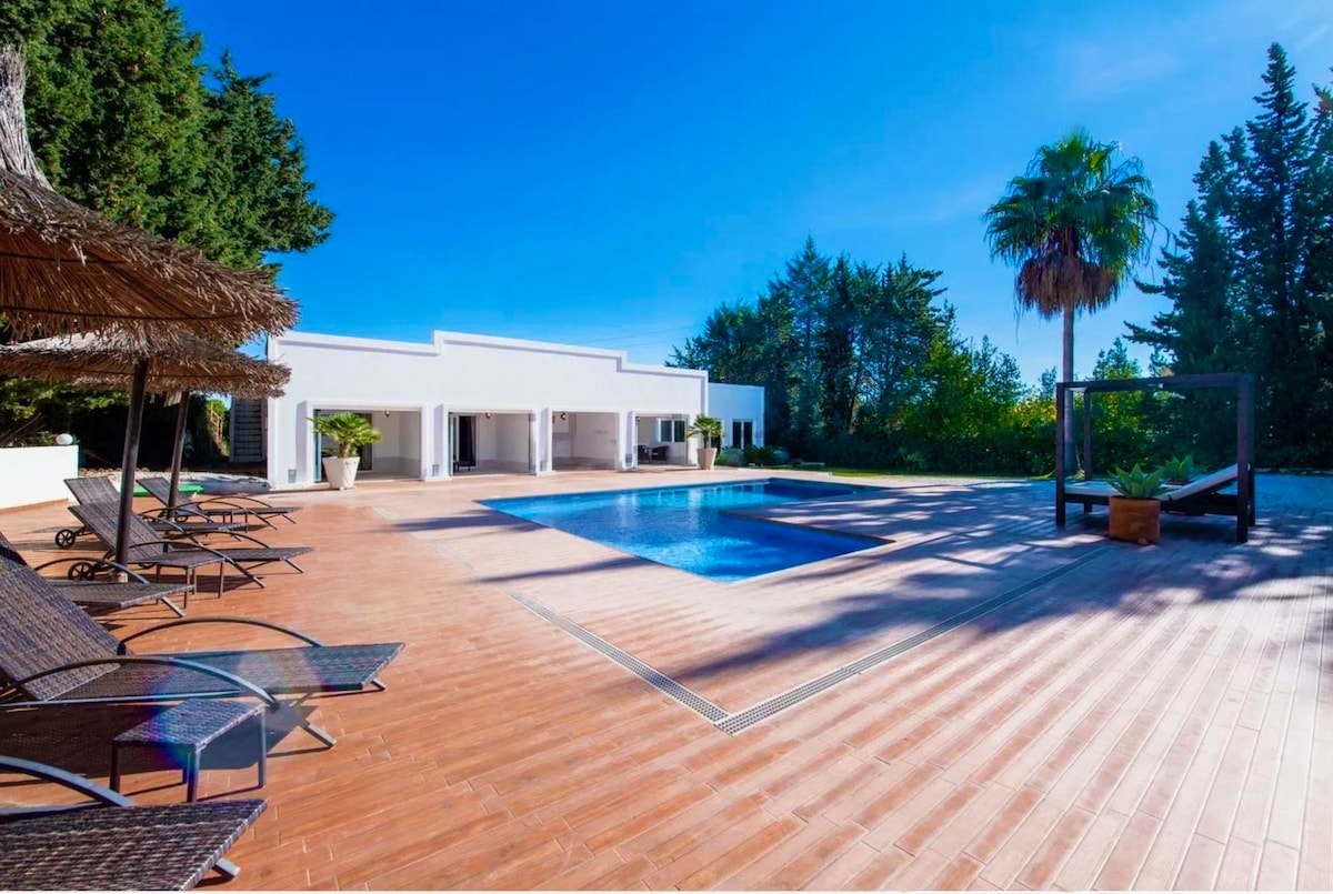 An outdoor area features a spacious pool surrounded by a wooden deck, loungers, and a shaded area with a thatched roof. Lush greenery is visible in the background, providing a serene setting. Palm trees add to the tropical ambiance of the space.