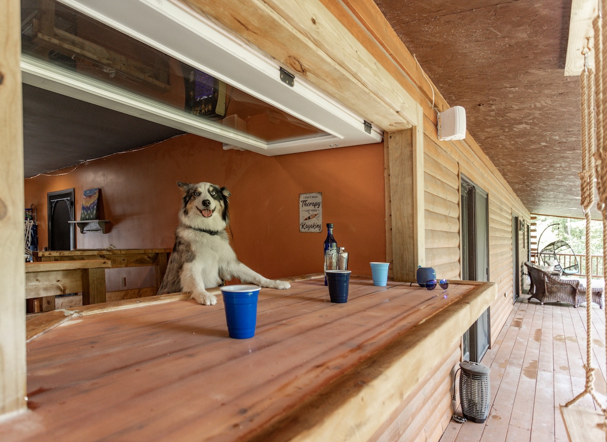 An open-air bar is shown, featuring a wooden countertop and several colorful cups placed on it. A friendly dog can be seen at the window, creating a social setting. The surrounding area displays wooden floors and a glimpse of the outdoor space beyond.