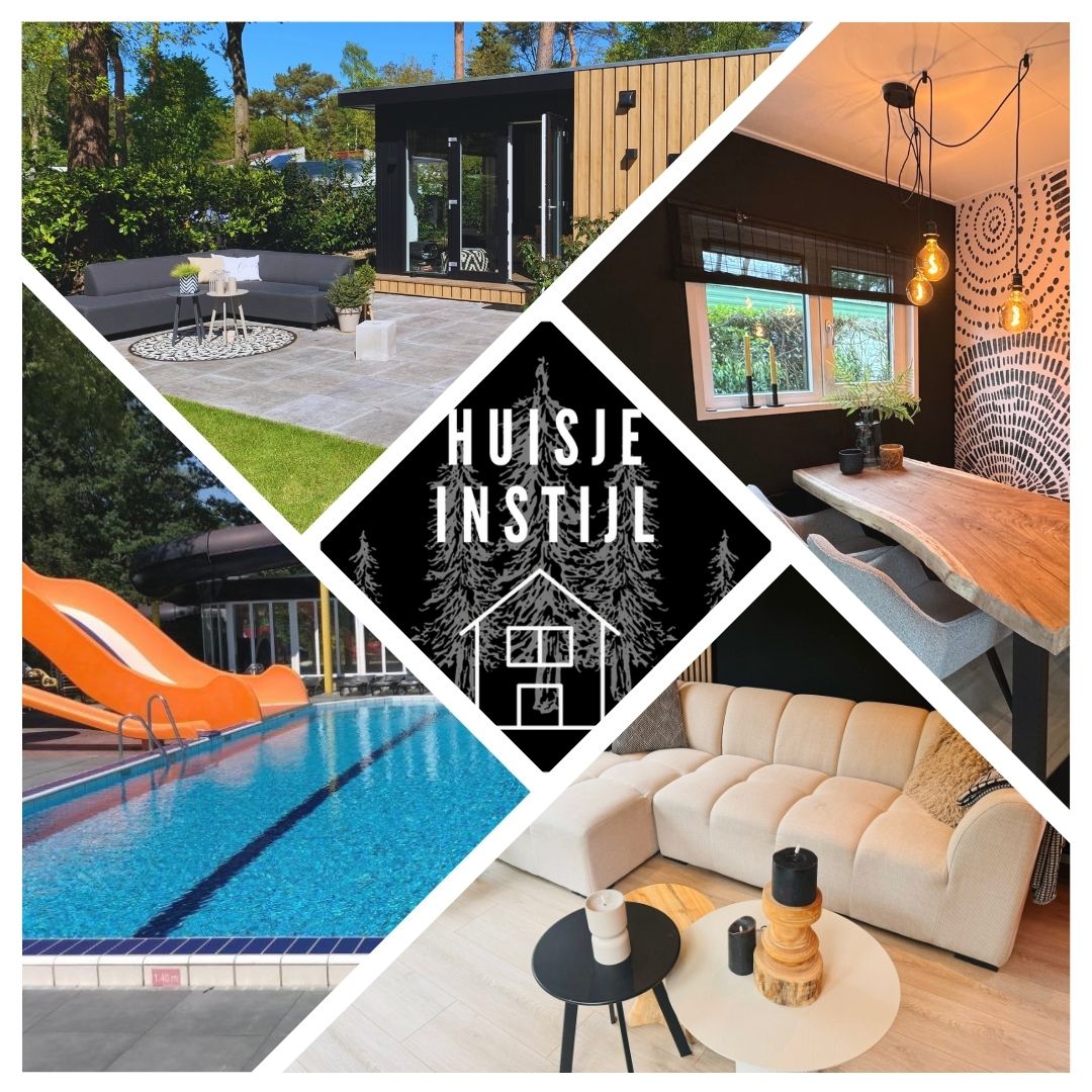 A welcoming outdoor space features a comfortable lounge area with a gray sofa, surrounded by greenery. A vibrant slide leads into a sparkling pool. The indoor dining area highlights a stylish table with patterned wallpaper. A cozy seating arrangement is displayed with neutral tones and decorative items.
