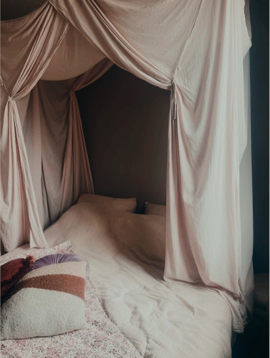 A cozy sleeping area features a canopied bed draped with flowing fabric. Soft pillows in various textures and colors are arranged on the spacious bed, with gentle light filtering in from the nearby window.