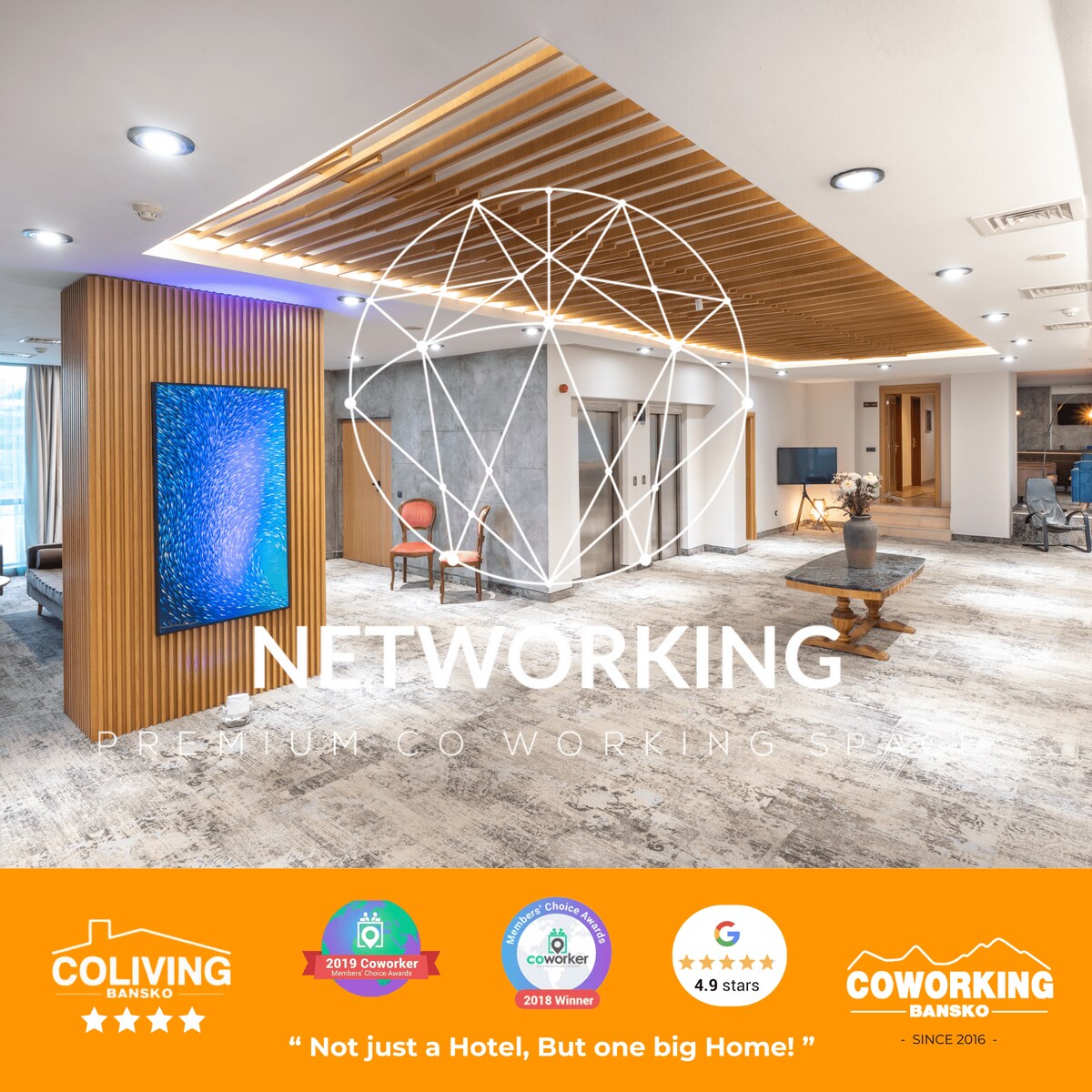The coworking area is presented with warm wooden accents and modern lighting. Comfortable seating arrangements are visible, promoting a collaborative atmosphere. Large windows allow natural light to brighten the space, enhancing the inviting environment for productivity and socializing.