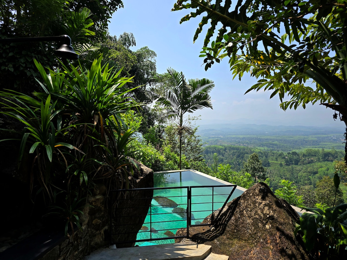 A semi-natural infinity swimming pool is visible, set against a backdrop of lush greenery and distant mountains. Surrounding plants and trees create a serene ambiance, while the clear sky adds to the tranquil atmosphere. The pool area is designed to blend harmoniously with the natural landscape.