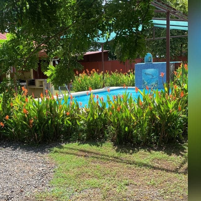 A private pool is set amidst lush greenery and vibrant orange flowers, surrounded by a well-maintained garden. A shaded area with a roof provides protection from the sun, enhancing the inviting outdoor space, perfect for relaxation and enjoyment.