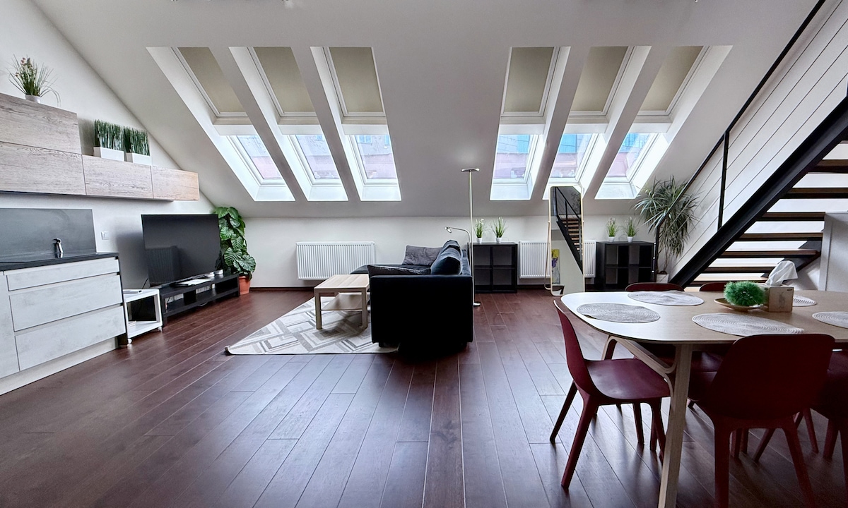 Dnevni boravak s modernom kuhinjom i kaučem na razvlačenje