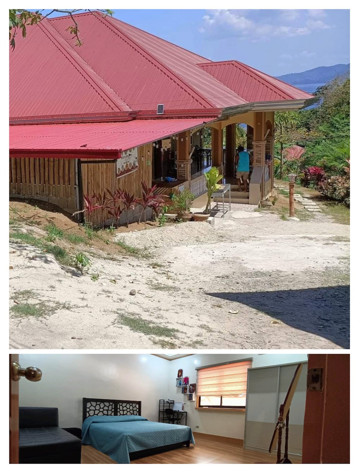 The exterior of a charming house is seen, featuring a red roof and well-maintained landscaping. A pathway leads to the entrance, flanked by vibrant plants. An interior room showcases a spacious bed with artwork above, complemented by natural light from windows with blinds.