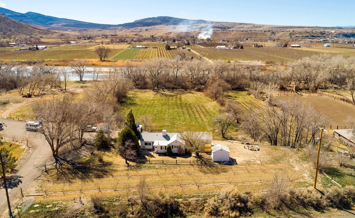 An aerial view showcases a spacious property surrounded by pastures and vineyards. The one-story farmhouse sits centrally, with open grassy areas and trees lining the edges. Nearby, a winding river reflects the surrounding landscape, while the distant mountains create a scenic backdrop.