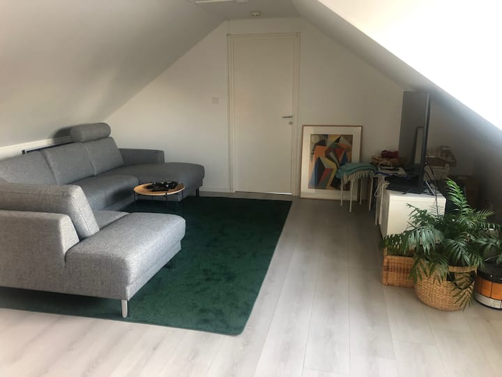 Всекидневна на горния етаж с диван, разтегателен диван и телевизор. 