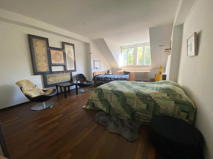 Hlavná spálňa „Hallscheidt“ - veľká posteľ a jednolôžko

Naše izby sa volajú po najviac prevládajúcom alebo najvýraznejšom umelcovi, ktorého prácu v nich nájdete… Takže máme Hallscheidt, Vanelslande a Dirk Haupt. V okolí však nájdete viac umelcov.