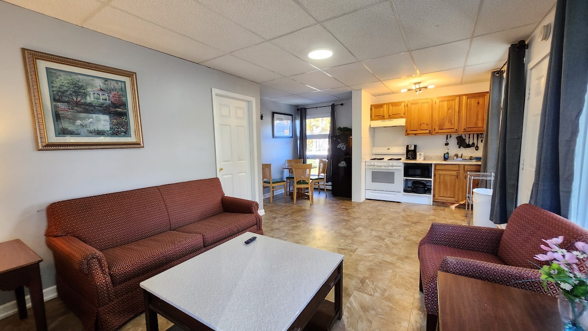 A spacious living area features a comfortable seating arrangement with two couches and a coffee table. The full kitchen is visible with wooden cabinets, a stove, and a dining table nearby. Light enters through large windows adorned with light drapes.