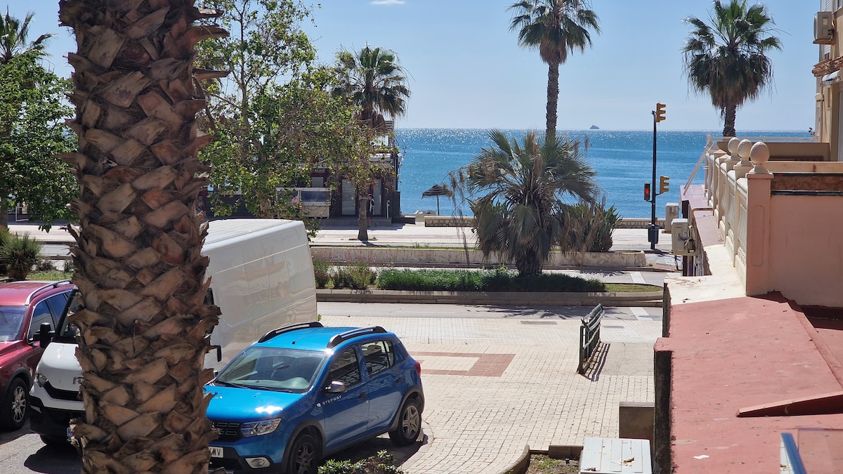 A view showcases a tranquil seaside scene with palm trees framing an expansive ocean vista. A calm blue sea meets a clear sky in the background, while parked cars sit along a paved street at the forefront.