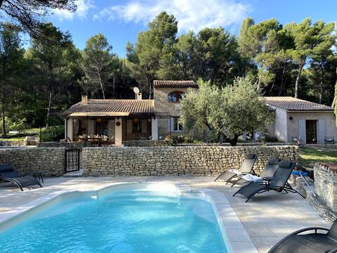 Roussillon Mas under the pines, heated pool view