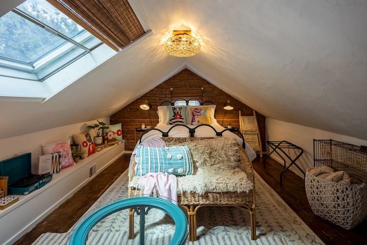 **LOFT space with pitched roof** Shorter on sides. Part of the 1882 charm of Historic Cottage.  Original Steps to loft can be challenging for some** Grab Bars and railing installed.