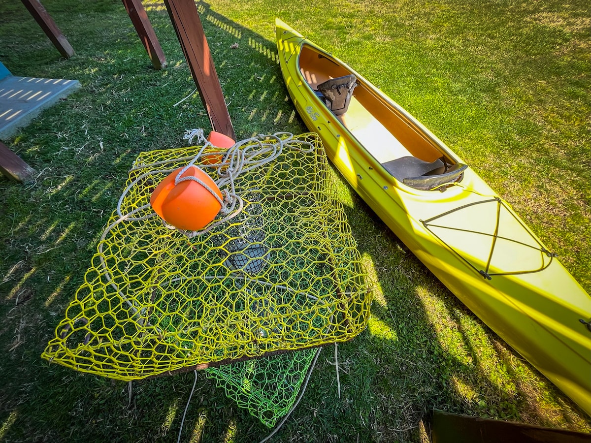 A vibrant yellow kayak rests alongside a bright orange buoy and a green fishing net. The images capture the outdoor setting, with the kayak positioned on lush grass, suggesting opportunities for water activities like kayaking and fishing.