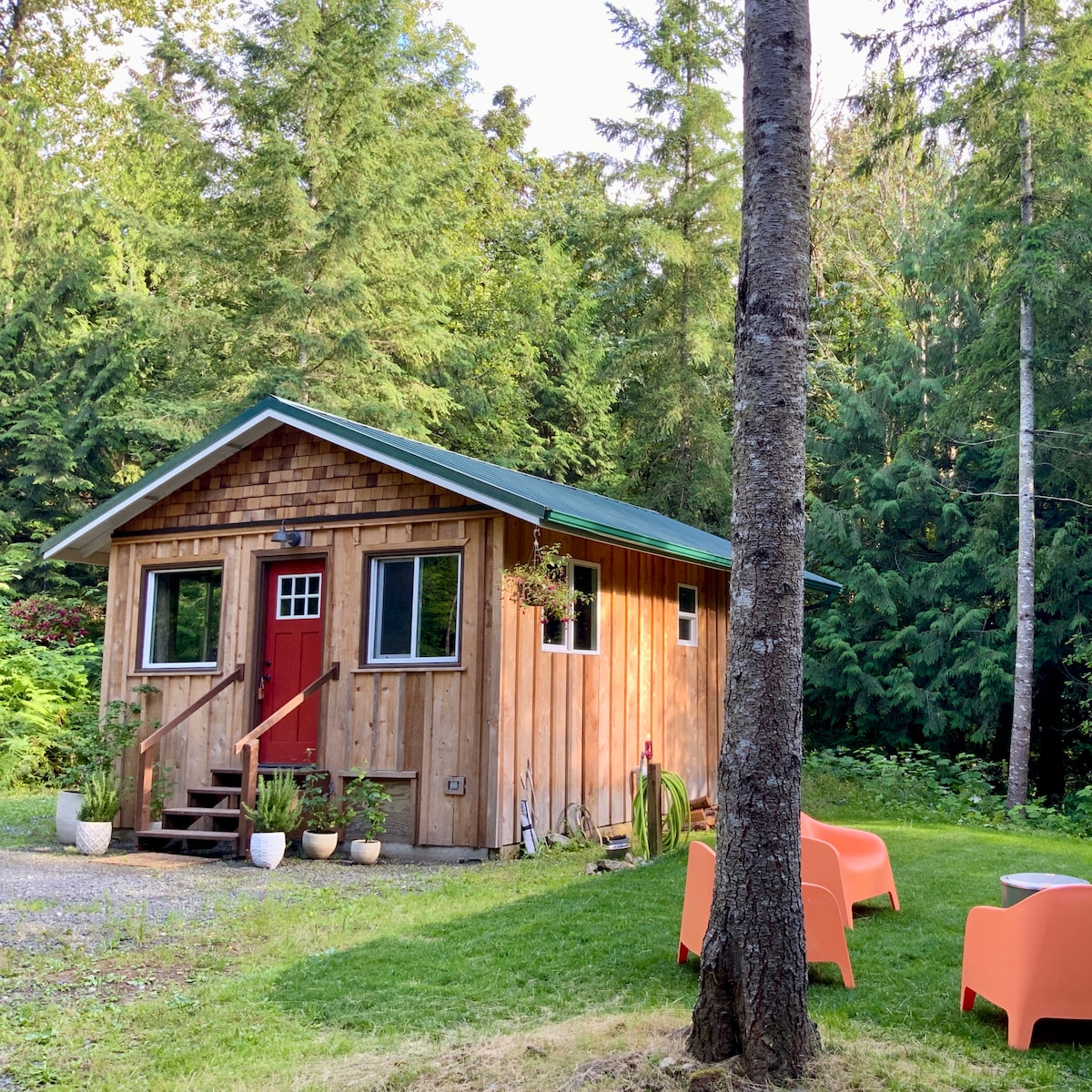 A charming wooden cabin is situated among tall trees, featuring a red door and a small porch with steps. Planters with flowers add natural beauty. A seating area with orange chairs invites relaxation in the surrounding greenery.