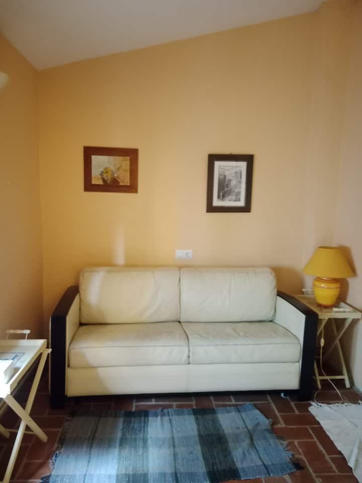 Spálňa s koženou rozkladacou pohovkou. Dva stoly a dve lampy.