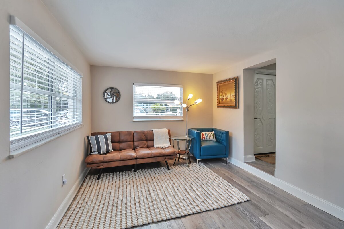 This futon folds down to be an extra bed or nice place to lounge in the gathering room.