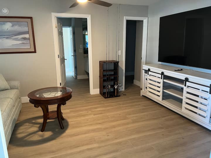 Divano letto matrimoniale, TV da 80",  armadio . 