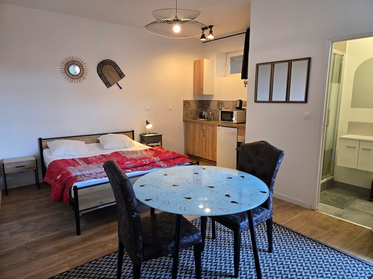 A modern studio layout is showcased, featuring a spacious bed with a colorful blanket and a simple bedside table. A dining table with four chairs is situated in the center, while a well-equipped kitchen area is visible in the background. Soft lighting creates a calming ambiance.