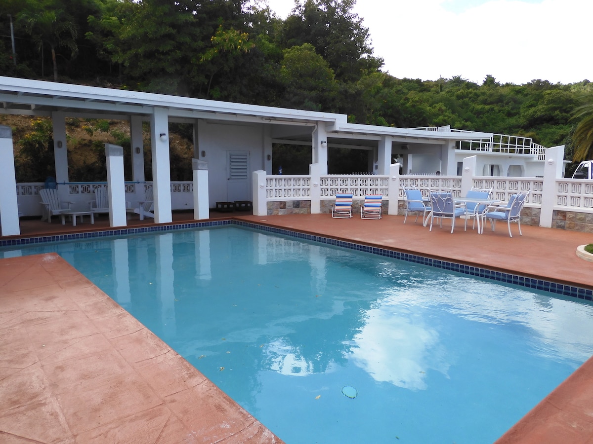 A refreshing pool is surrounded by a spacious deck, with several lounge chairs and tables positioned along the perimeter. A covered patio area is visible adjacent to the pool, offering shaded seating options. The backdrop features lush greenery, enhancing the tranquil atmosphere.