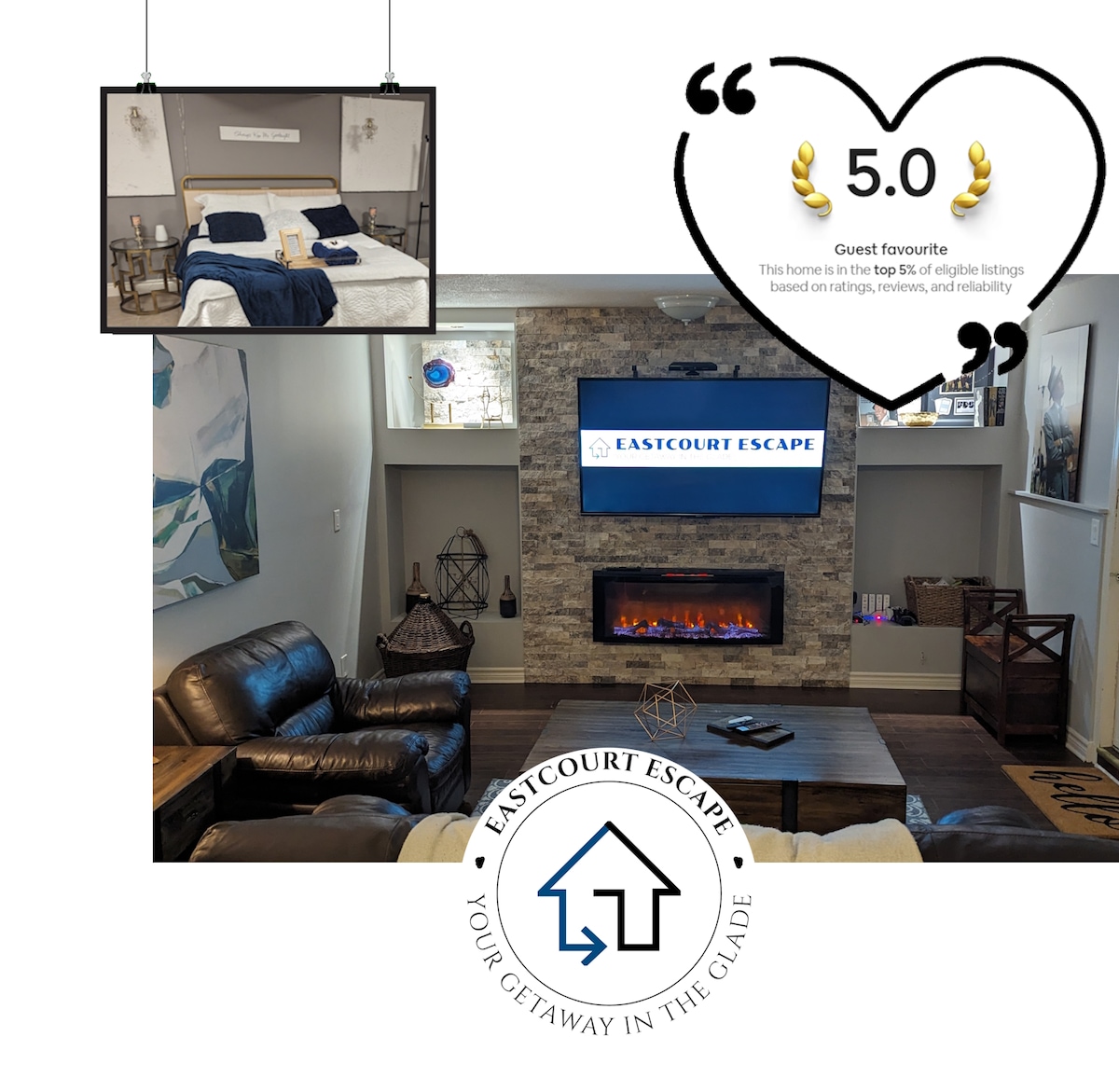 The shared living area features a modern design with a comfortable seating arrangement and a large entertainment unit. A contemporary electric fireplace adds warmth to the space, while artwork adorns the walls, contributing to an inviting ambiance.