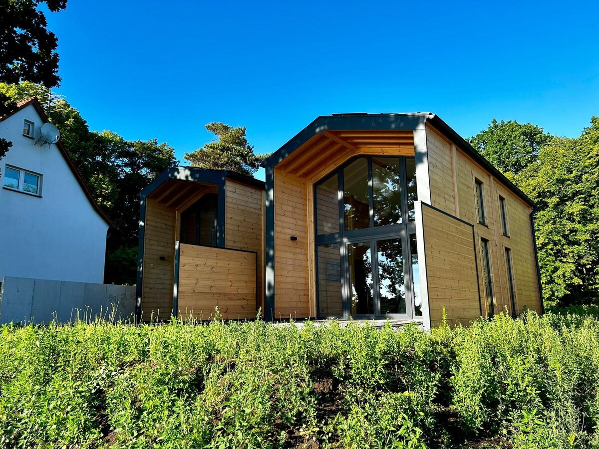 Two modern wooden houses are shown, characterized by large glass windows and high wooden beams. Surrounded by lush greenery, the daytime scene captures the natural elements, emphasizing the harmonious blend of the structures with their environment.
