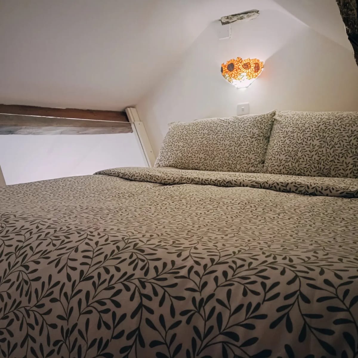 המיטה הזוגית הנוחה ממוקמת בחלל הלופט של קומת הביניים, ונגישה דרך גרם מדרגות.