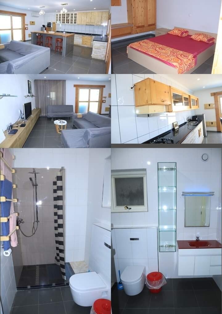 A spacious living area features a cozy sofa set and an entertainment unit with a TV. A well-equipped kitchen is located nearby, highlighted by wooden cabinetry and high seating at the bar. The sleeping area is distinct, showcasing a large bed adorned with warm bedding, complemented by natural light through the windows.