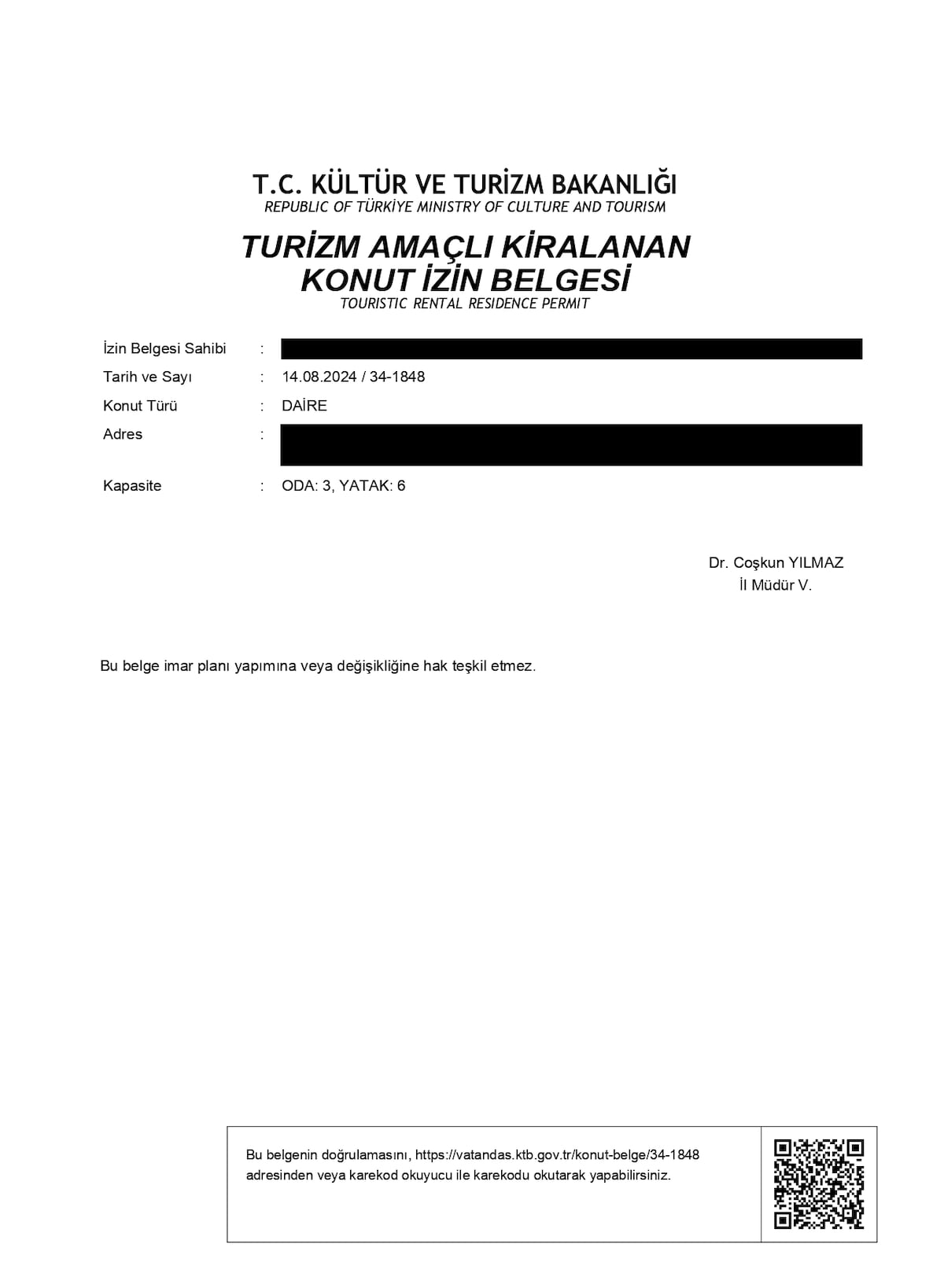 A document displaying a tourism rental permit issued by the Turkish Ministry of Culture and Tourism. The text outlines the property type as an apartment with key details such as application date, permit number, and capacity, formally presented on official letterhead.