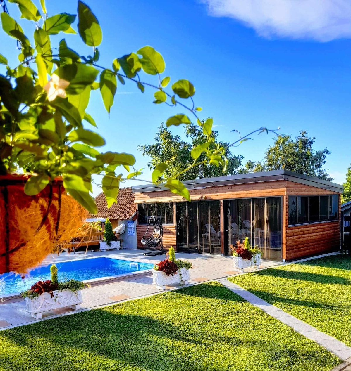 A modern wooden house features large glass walls, allowing views of the surrounding landscape. A bright blue pool is set against a backdrop of well-manicured grass, with potted plants enhancing the outdoor space. Clear skies and green trees complement the inviting atmosphere.