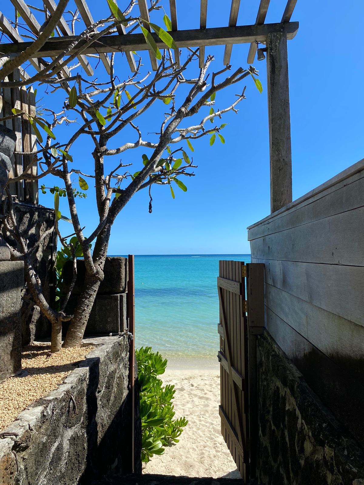 A pathway framed by a tree and stone walls leads to a sandy beach and calm turquoise waters. Sunlight illuminates the scene, enhancing the tranquil atmosphere. The wooden gate opens towards the water, inviting a sense of serenity and natural beauty.