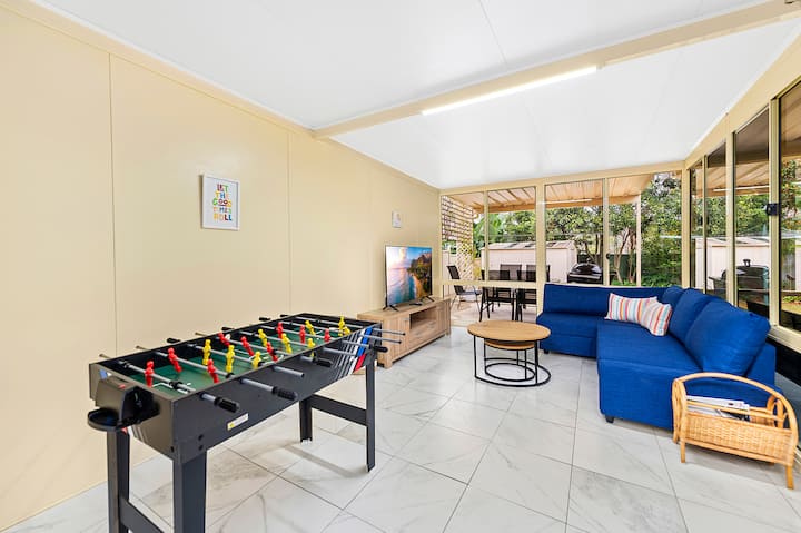 This living area is on the ground floor and leads to the outdoor dining and informal seating. There is the benefit if a sofa bed and downstairs bathroom. 