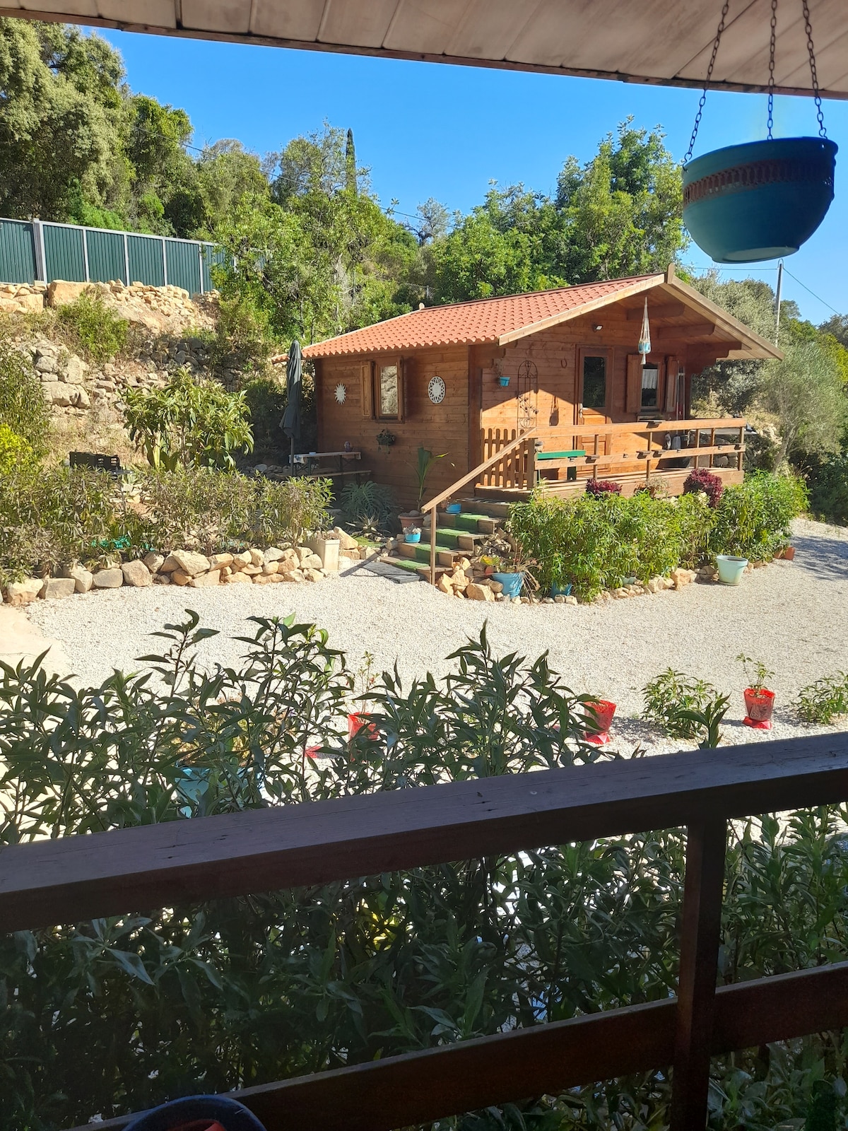 A wooden chalet is nestled among greenery, featuring a red-tiled roof and steps leading to a welcoming entrance. A spacious gravel area surrounds the chalet, with various potted plants positioned around the path. The landscape is enhanced by trees and a clear blue sky.