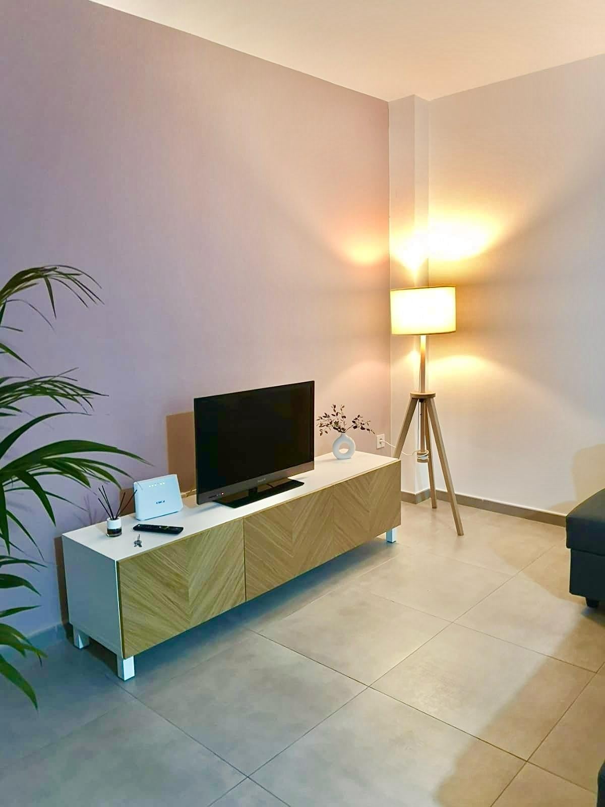 A modern living area features a light wooden TV cabinet with a flat-screen television positioned atop it. A floor lamp stands nearby, casting a warm glow, while a potted green plant adds a touch of nature to the space.