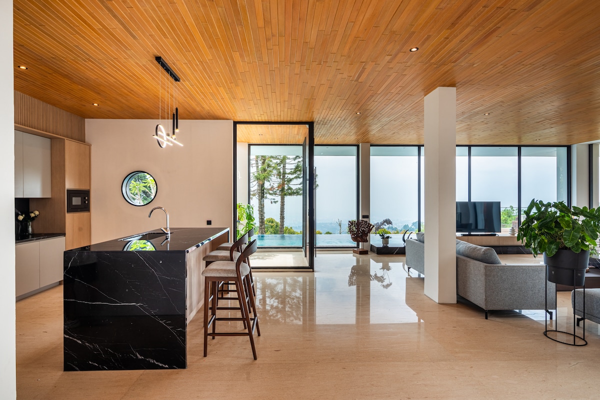 An open living space is displayed with large windows offering views of the outdoor scenery. A sleek kitchen island made of dark marble contrasts with light wooden accents. Comfortable seating arrangements and potted plants enhance the inviting atmosphere.