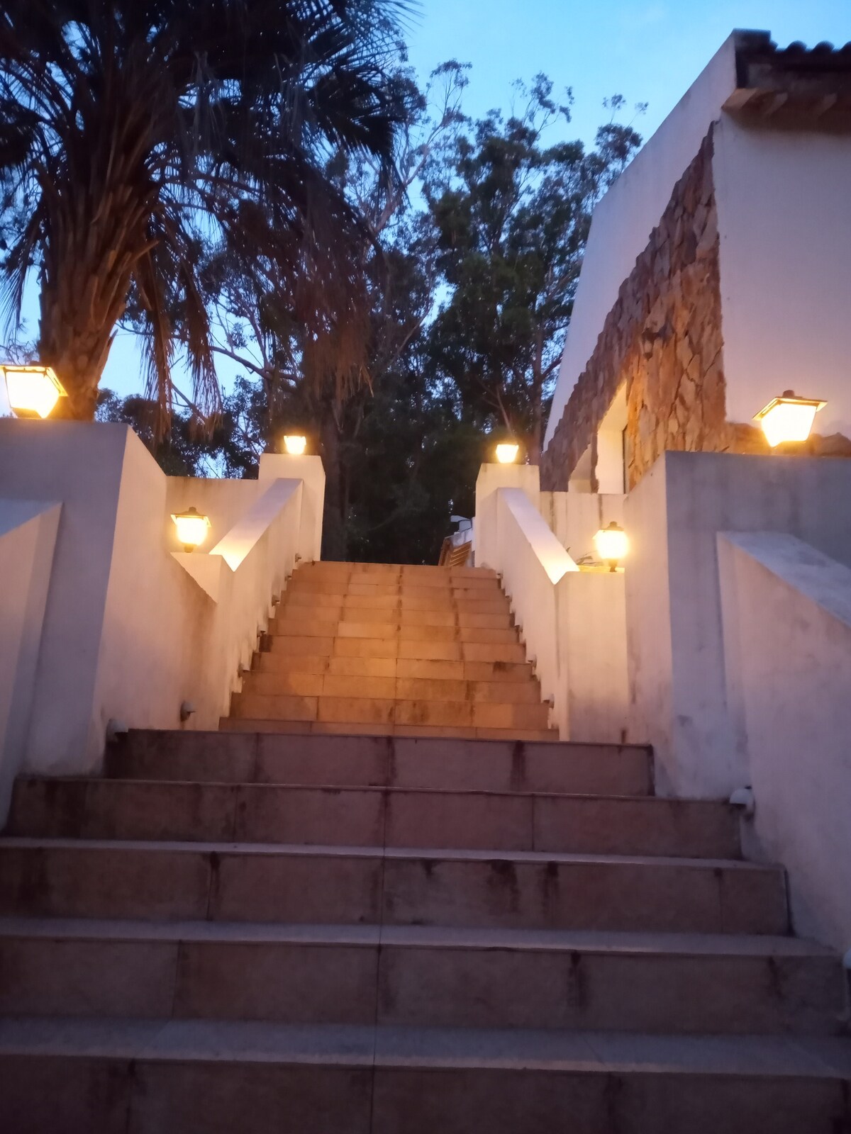 A set of illuminated stone steps leads upward, framed by white walls on each side. Lanterns cast a warm glow, enhancing the serene atmosphere of the pathway. Lush greenery is visible in the background, suggesting a connection to nature.