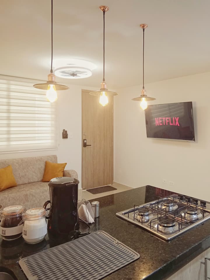 סלון יפה עם טלוויזיה חכמה ומטבח בסגנון אי 