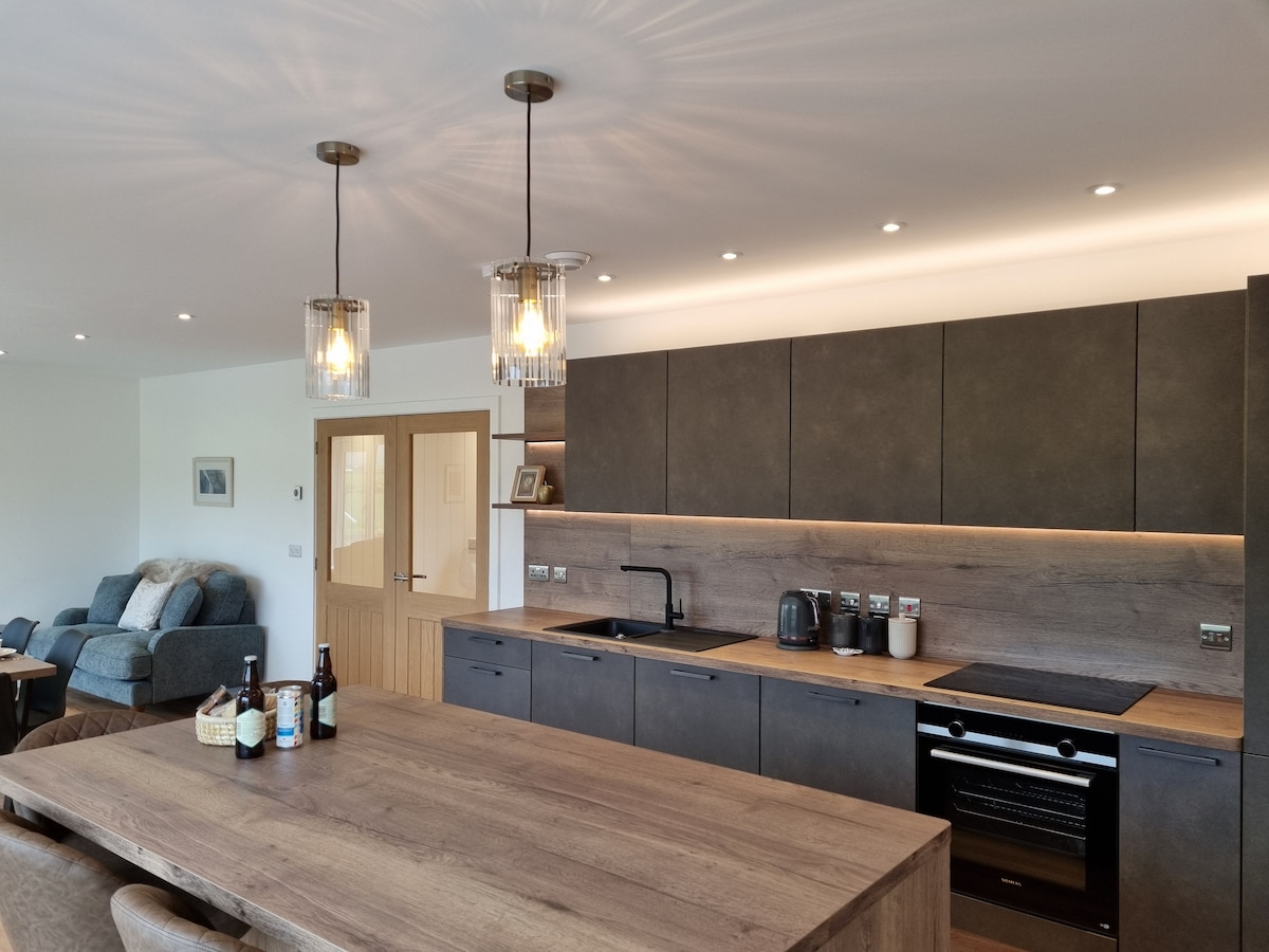 An open-plan kitchen and dining area showcases a large wooden dining table with multiple chairs, complemented by modern pendant lighting. The sleek kitchen features dark cabinetry and wood accents, with appliances visible on the countertop. A cozy seating area is located in the background.