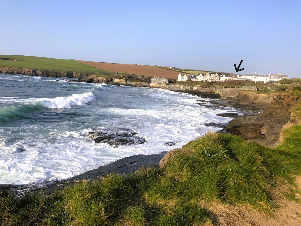 A coastal view showcases rolling waves crashing against rocky shores. In the background, a row of houses sits atop a cliff, overlooking the sea. Lush green grasses line the foreground, leading the gaze toward the expansive ocean and the serene landscape beyond.
