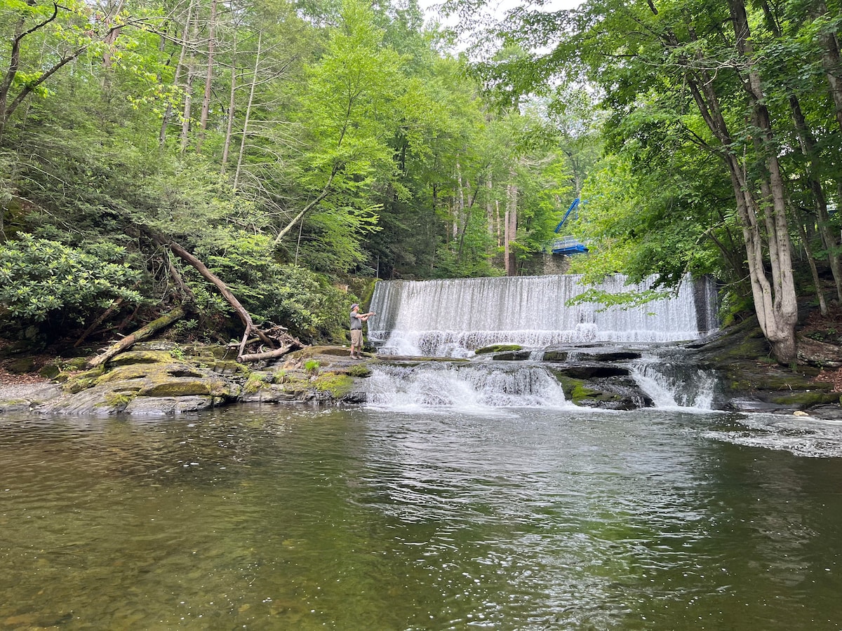 A serene scene of a flowing waterfall is framed by lush green trees. The water cascades gently over smooth rocks, creating ripples in the clear pool below. A person stands nearby, engaged with the natural landscape, while the vibrant greenery adds to the tranquil atmosphere.