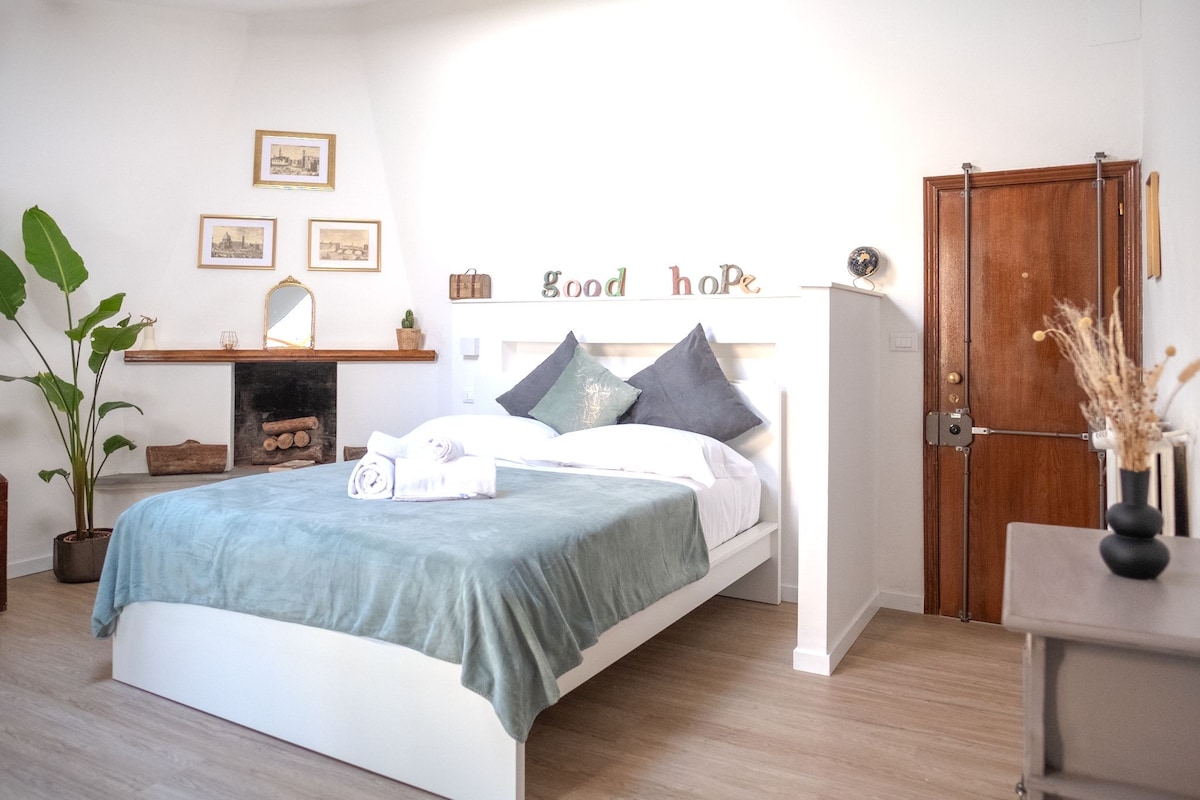 A bright bedroom features a spacious bed with soft linens and decorative pillows. A wooden fireplace is visible, alongside a wall adorned with framed art. A green plant adds life to the corner, while a wooden door provides access to the room.
