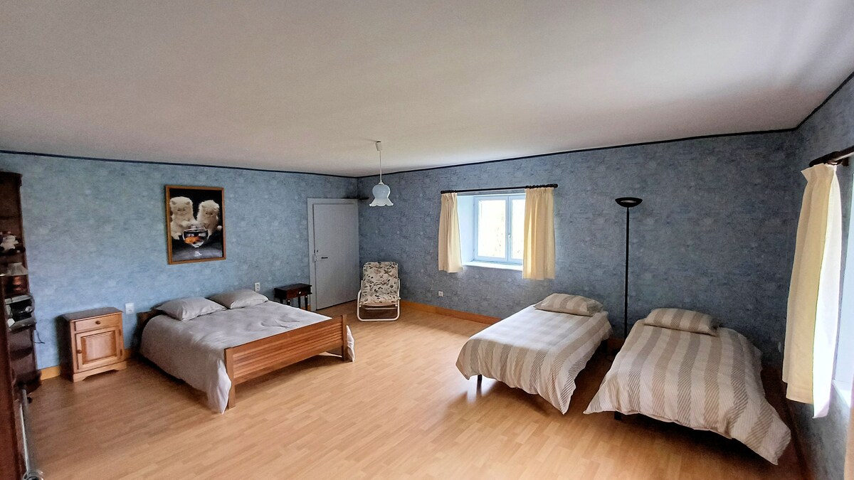 Спална соба бр. 5 е на 2 кат: 
Вклучува 1 брачен кревет (широк 140 см) и 2 единечни кревета 90 см.
Поглед кон влезниот парк и градината