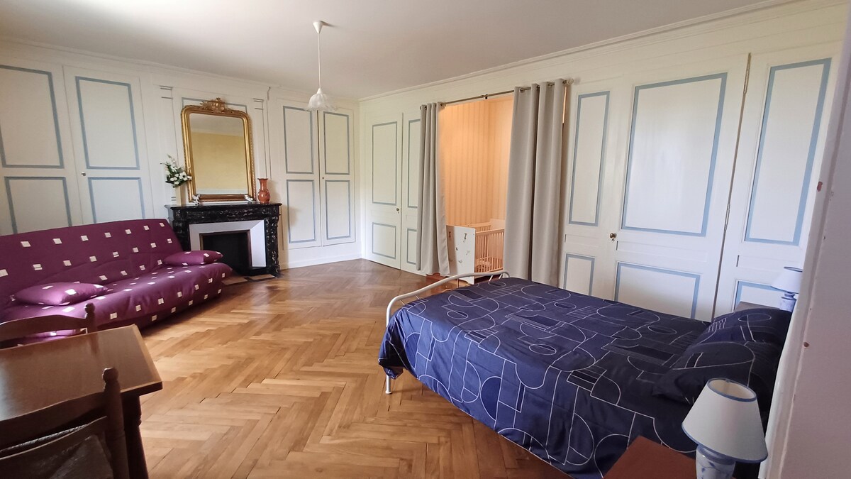 Спалната соба бр. 1 е на 1 кат. 
Вклучува брачен кревет (широк 140 см), 1 кауч на спуштање, 1 простор за бебиња со кревет 60 x 120 см. 
Поглед кон влезот на паркот.