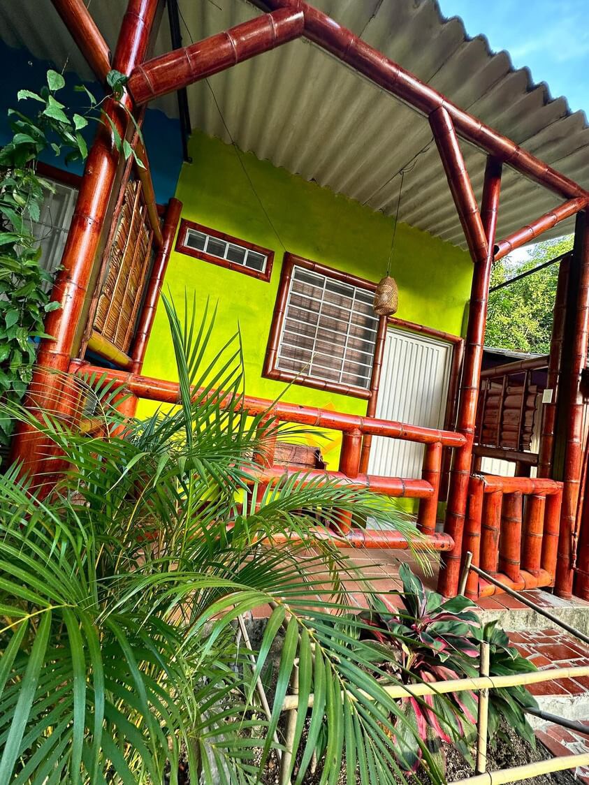 The entrance of a vibrant cabin is framed by bamboo railings and adorned with tropical plants. A bright green wall complements the natural wood accents and a front porch provides a cozy spot. Large windows allow natural light to enhance the inviting exterior.