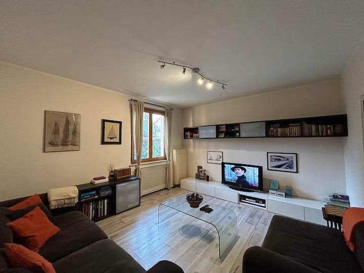 Sala de estar en la planta baja con sofá cama y Netflix 