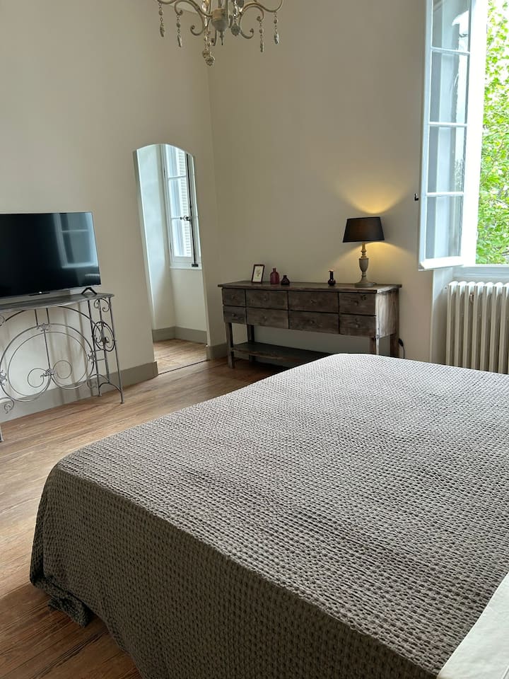 Chambre de Patou : 22 m2 avec dressing privé, lit 180X200, télévision et vue sur le jardin