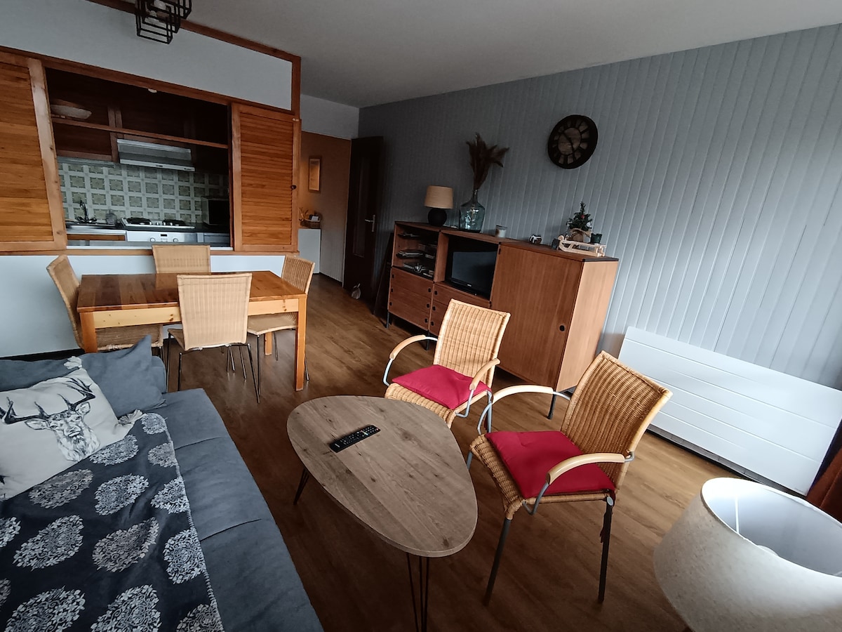 A living area features a comfortable gray sofa and two red chairs with woven seats, arranged around a coffee table. A dining table is positioned nearby, accompanied by wooden chairs. The kitchen area is visible in the background, with cabinetry and appliances enhancing functionality.